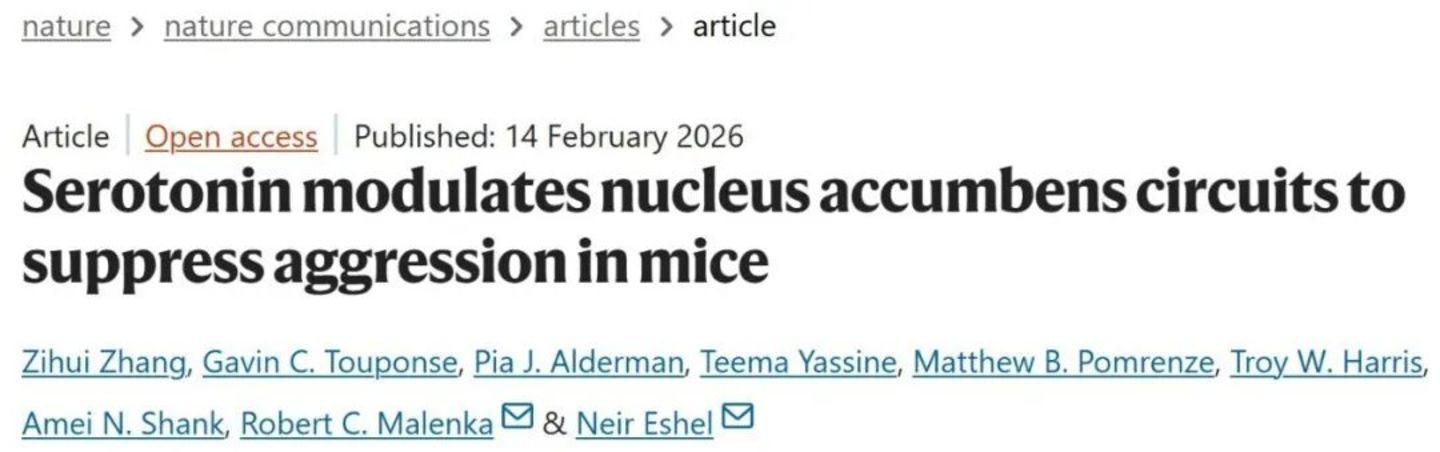 Nature子刊：斯坦福大学揭示“血清素-伏隔核”通路调控攻击行为的神经机制(图1)